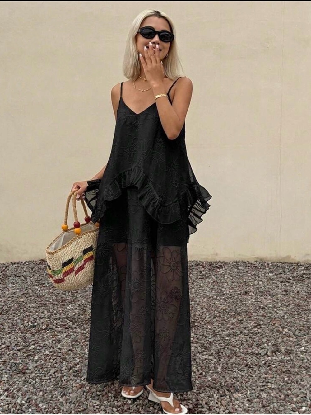 Black Sheer Maxi Slip Dress with Ruffle Hem